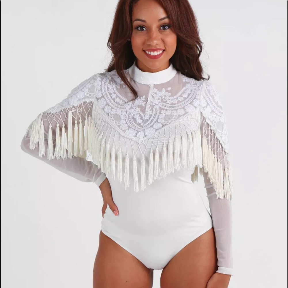 NWT Banjul White Sequin Tassel Fringe Bodysuit L